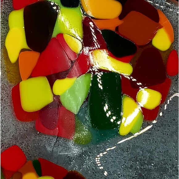 Fused Glass Trinket Dish Catchall Tray Square Red Orange Yellow Green MCM Style - Picture 8 of 12